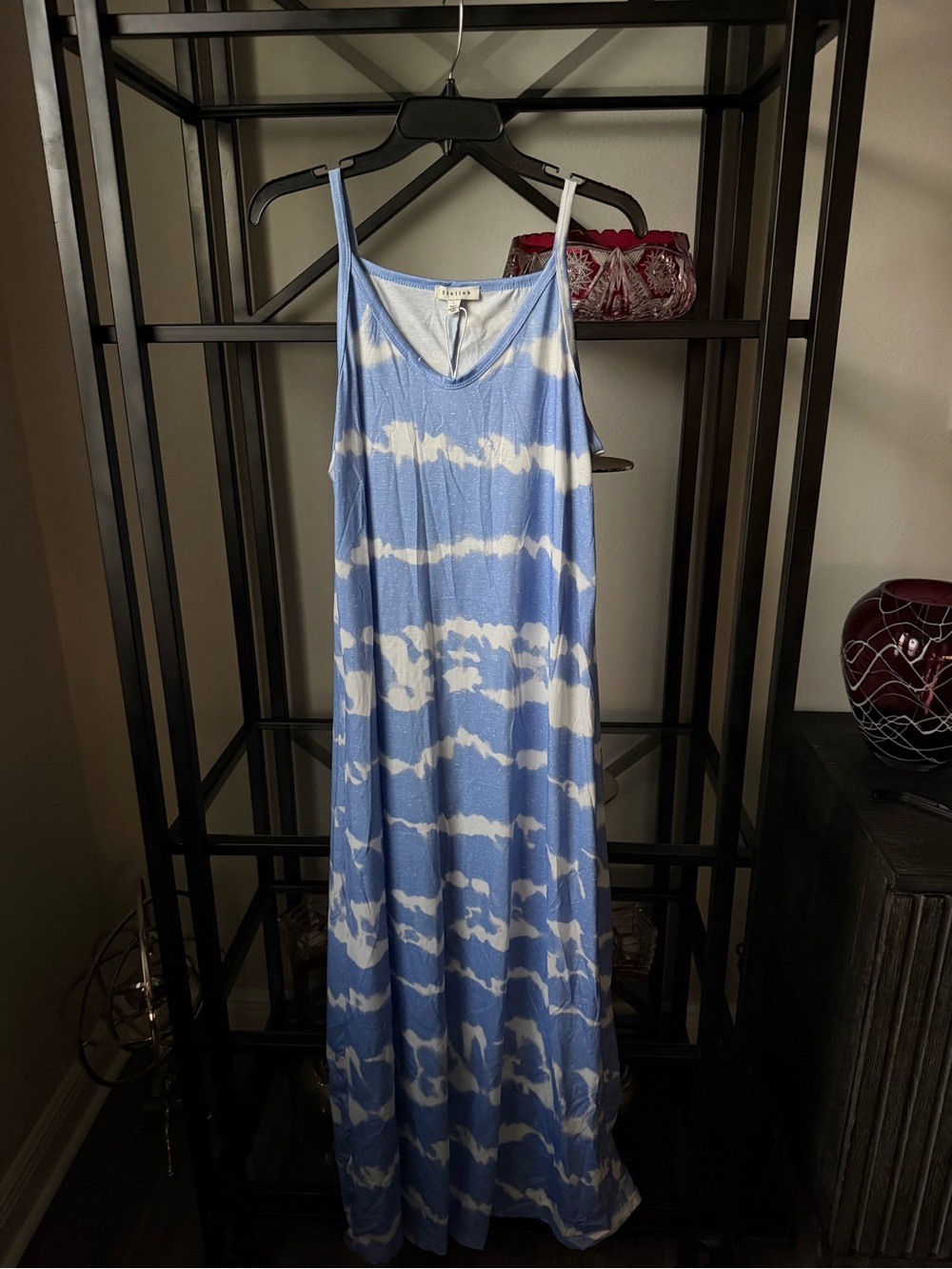 Stellah Blue and White Tie-Dye Slip Maxi Dress